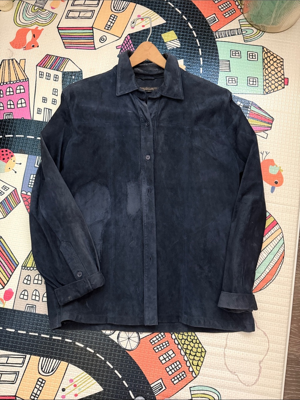 Vintage Golden Bear Sportswear Men's Navy Blue Suede Button-Up Jacket. Medium